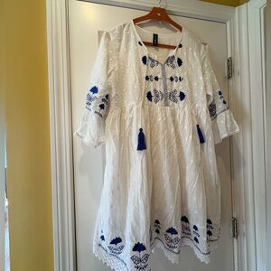 White Dress with Blue Embroidery
